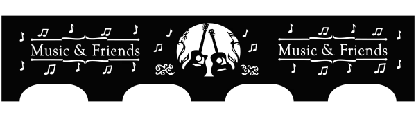 Black steel fire pit with a circular design featuring precision-cut guitars and musical notes. 'Music & Friends' is prominently displayed, creating a warm, inviting atmosphere perfect for outdoor gatherings.